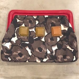 Vintage Boden Floral Clutch.Silk floral print. Red leather trim. Big brown beads